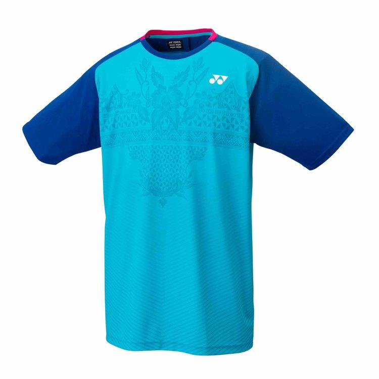 The Yonex 16573 Men's T-Shirt in turquoise features a geometric pattern on the front and a small logo on the left chest. It's designed with quick-dry fabric for superior sweat-absorbing performance.