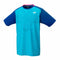 The Yonex 16573 Men's T-Shirt in turquoise features a geometric pattern on the front and a small logo on the left chest. It's designed with quick-dry fabric for superior sweat-absorbing performance.