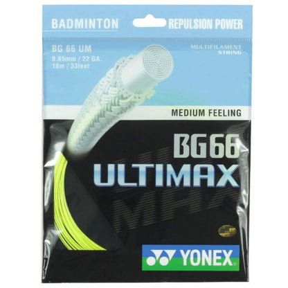 The Yonex BG 66 Ultimax Badminton String Yellow package highlights its "Repulsion Power" and "Medium Feeling." This high-intensity multifilament string, with a 0.65mm gauge and a length of 10 meters, is designed to maximize speed. The predominantly yellow design is accented with shades of blue and black.