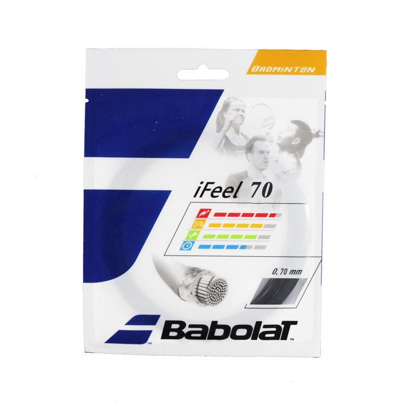 The Babolat iFeel 70 Badminton 10m String Set features a sophisticated black design and delivers vital information through its engaging graphics. With a thickness of 0.70 mm, these strings offer impressive durability for avid players who prioritize performance.