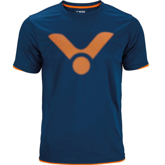 The Victor Badminton T-Shirt Blue 6488 by Victor is a dark blue training shirt crafted from 100% polyester. It showcases an orange logo that features a stylized "V" with a circle in the center and includes orange trim on the sleeves and hem for a comfortable fit.