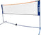 The Victor Mini Badminton Net boasts a blue frame and an orange-topped net, making it ideal for garden sports. Its net post construction is height adjustable, and the distinguished "Victor" branding appears prominently on the side panels against a white backdrop.