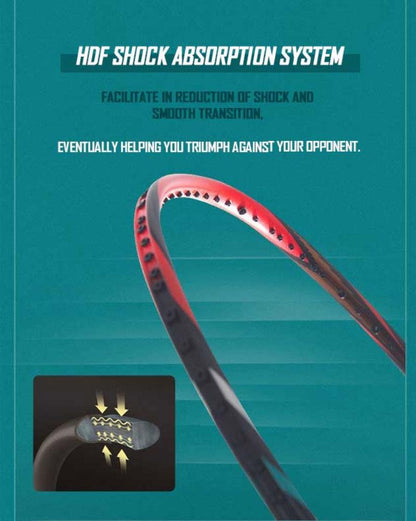 An advertisement for the Li-Ning BladeX 800 4U Badminton Racket, perfect for advanced-level players, showcases a close-up of the frame. The text reads: "HDF Shock Absorption System. Facilitates shock reduction and ensures smooth transitions, ultimately helping you triumph over your opponent.