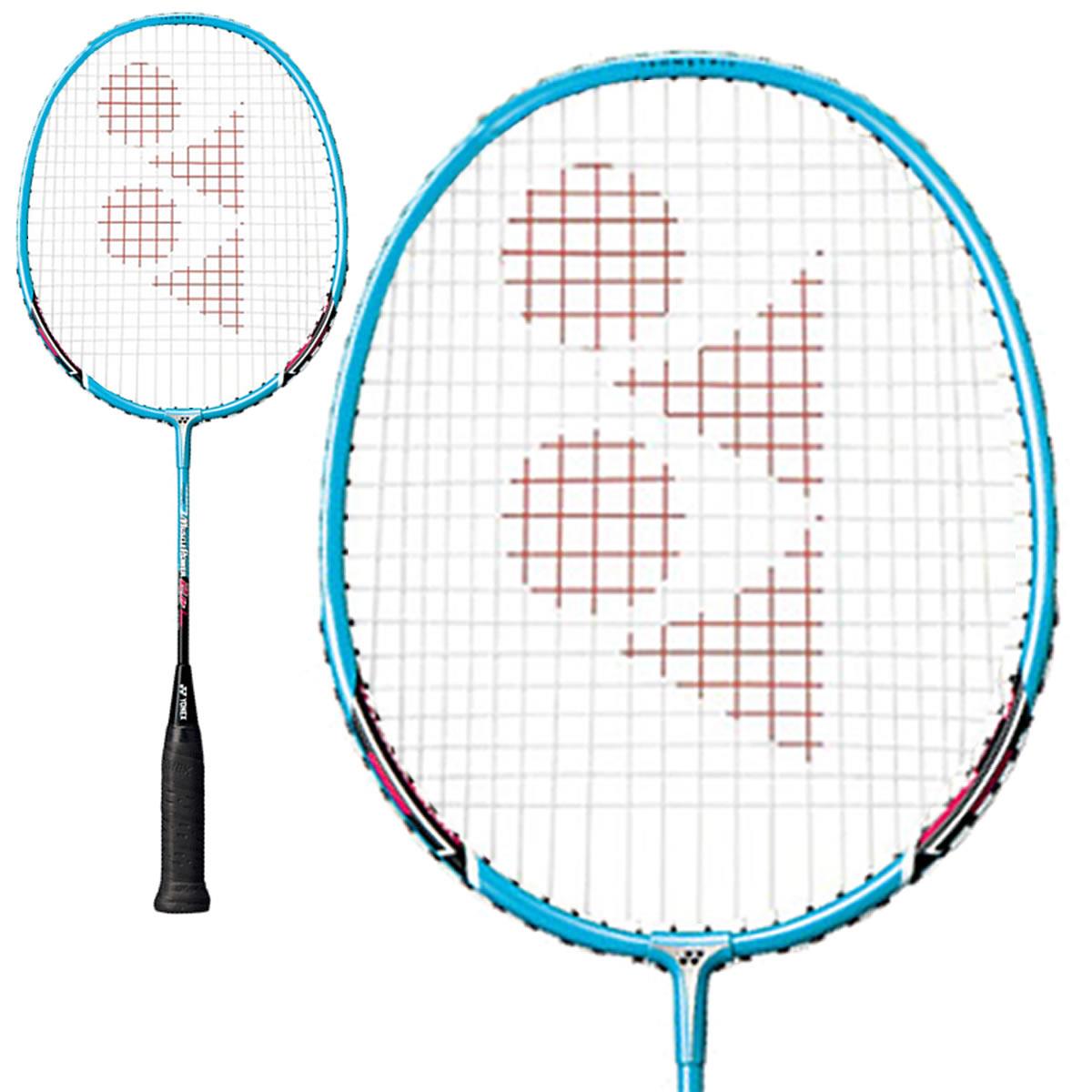 The Yonex Muscle Power 2 Junior Badminton Racket - Blue showcases a stylish blue frame paired with a black handle and features a distinctive red triangular emblem on the strings. The images include both a full view of the racket and an up-close shot of the head, emphasizing the Yonex Muscle Power technology designed for enhanced performance.