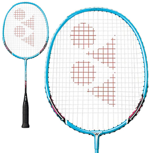 The Yonex Muscle Power 2 Junior Badminton Racket - Blue showcases a stylish blue frame paired with a black handle and features a distinctive red triangular emblem on the strings. The images include both a full view of the racket and an up-close shot of the head, emphasizing the Yonex Muscle Power technology designed for enhanced performance.