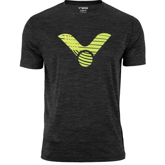 The Victor Badminton T-Shirt Black melánge 6529 by Victor showcases a stylized yellow and green logo on the chest. Made from breathable materials, it offers a heathered texture that combines both comfort and style.