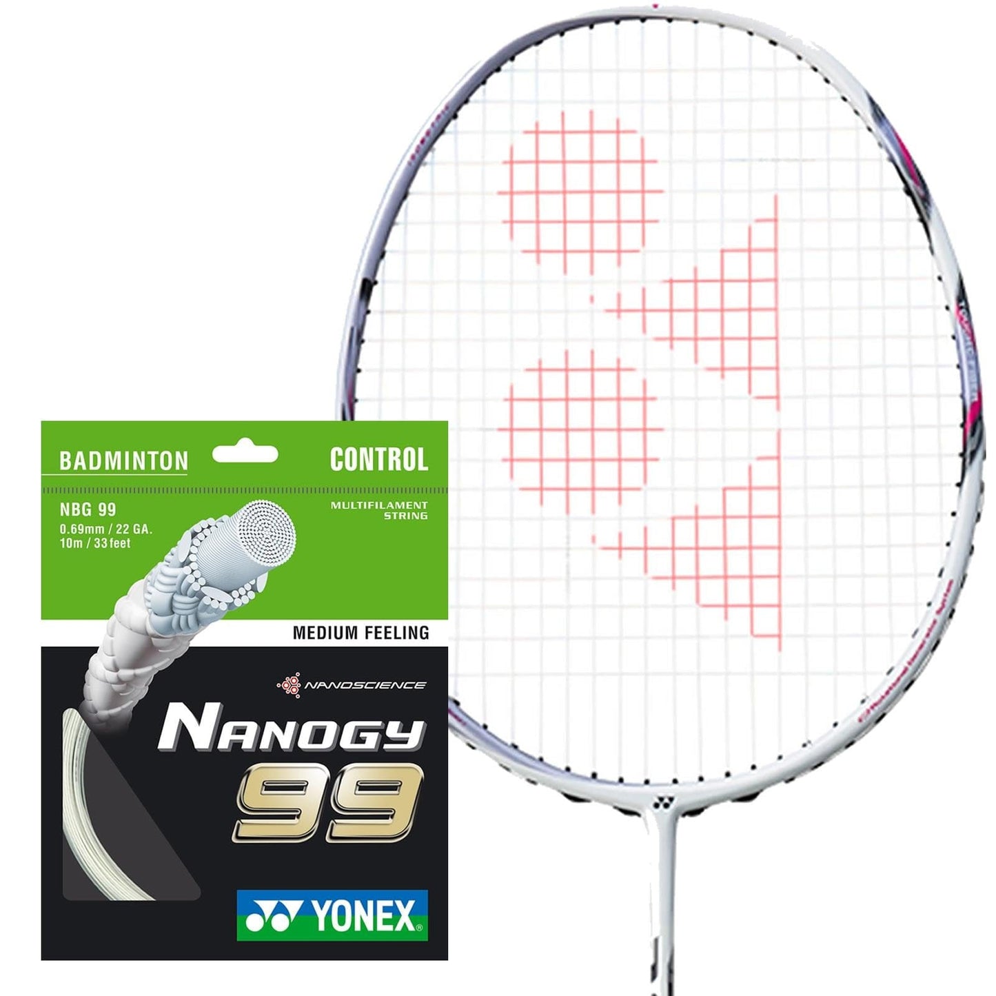 A Yonex badminton racket with red strings is displayed next to a Yonex Nanogy BG 99 badminton string package, which is known for control and medium feeling. The high-performance, textured package showcases a white coiled graphic.