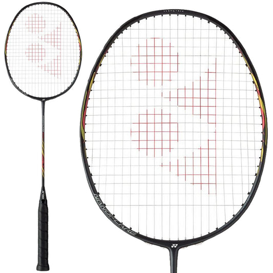 The Yonex Nanoflare 800 3U badminton racket, ideal for advanced players, features a stylish black handle and frame accented by vibrant red patterns on the strings. A smaller image of this elite Yonex racket is displayed alongside it.