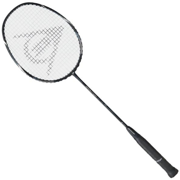 The Dunlop Graviton XF SE Max Badminton Racket, in a sleek black color, showcases a unique logo on its strings and features an aerodynamic frame. It offers maximum string tension with tightly woven strings and a slim handle. The textured grip enhances handling for optimal performance.