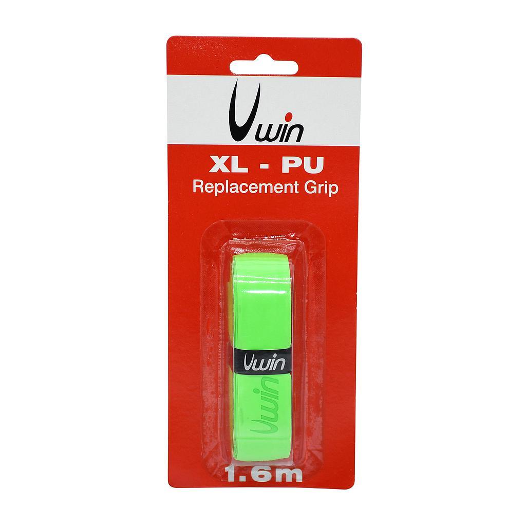 The Uwin PU Replacement XL Badminton Grip in vibrant green delivers a soft, durable feel. Packaged on a red and white cardboard backing, it prominently features "1.6m" at the bottom, making it an ideal choice for players looking for comfort and longevity.