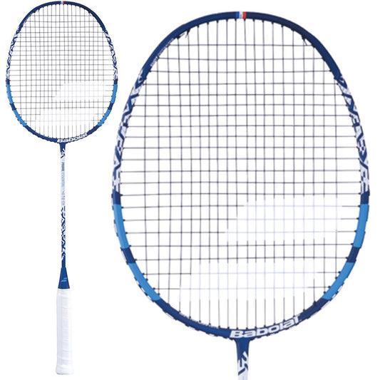 The Babolat Prime Essential Badminton Racket - Blue, with a white grip and a balanced weight, features grid-patterned stringing. Its sleek design is crafted from 100% graphite, offering durability and making it suitable for players of various skill levels.