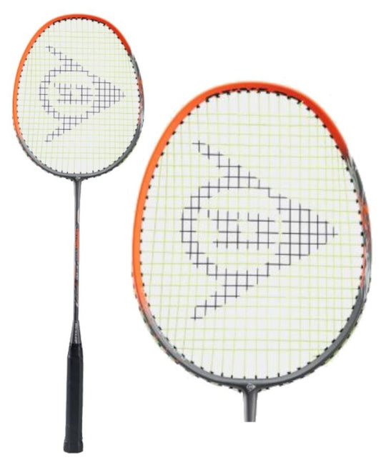 The Dunlop Nitro Star F100 Badminton Racket by Dunlop, available in silver and orange, showcases a black handle with white strings and a bold orange trim around the head. The racket's distinctive string pattern forms a geometric logo in black, making it perfect for beginner to intermediate players. Two views of this impressive racket are displayed.