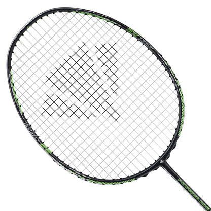 A close-up image of the Carlton Powerblade EX200 Badminton Racket, crafted from high-quality Japanese Graphite, highlights its sleek black and green frame with tightly strung netting to enhance control and power. The strings form an exact grid pattern, and the lightweight frame features an aerodynamic design against a plain white background.