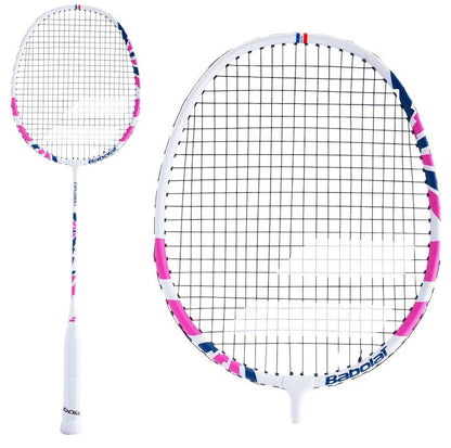 The Babolat Explorer I Badminton Racket in white with pink accents, featuring the Babolat logo on the frame, is crafted for beginner-level players. This lightweight model, made from aluminum and steel, is displayed in two angles—one full view and a close-up of the head.