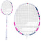 The Babolat Explorer I Badminton Racket in white with pink accents, featuring the Babolat logo on the frame, is crafted for beginner-level players. This lightweight model, made from aluminum and steel, is displayed in two angles—one full view and a close-up of the head.