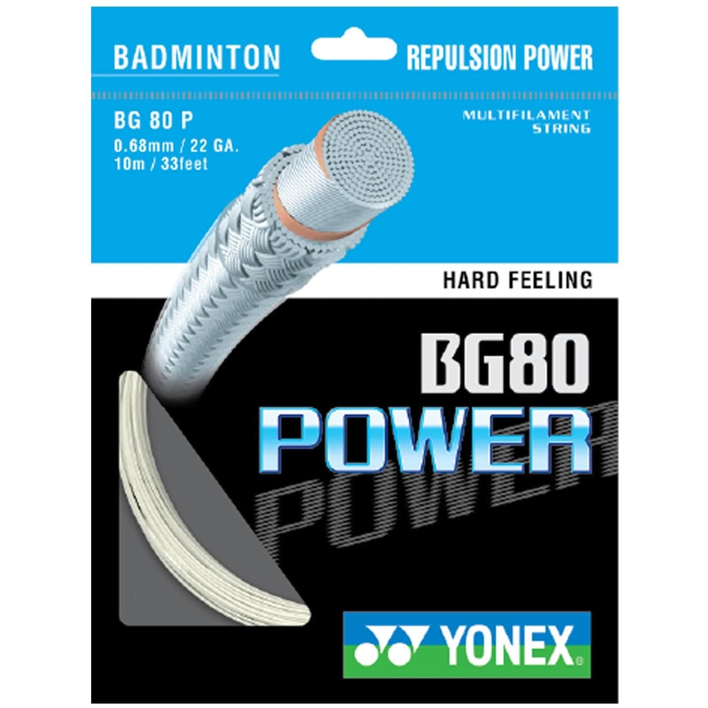 The Yonex BG 80 Power Badminton String in white highlights attributes like "High Repulsion Power" and a "Hard Feeling," featuring a string gauge of 0.68mm and a length of 10m/33 feet, perfect for players looking to boost their performance.