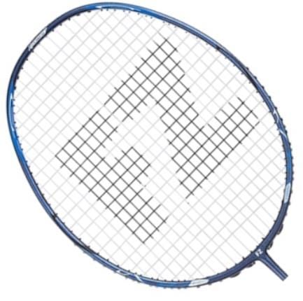 The FZ Forza HT Power 36-VS Badminton Racket by FZ Forza, featuring a blue frame with white strings and designed for maximum power, showcases a prominent graphic pattern at the center of the stringing.