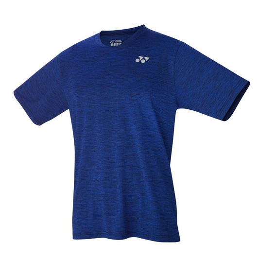 The Yonex YTM2 Blue Men's Badminton T-Shirt is designed for fitness training, showcasing a heathered texture and a small white Yonex logo on the upper chest. This lightweight shirt offers a relaxed fit and features short sleeves, set against a white background.