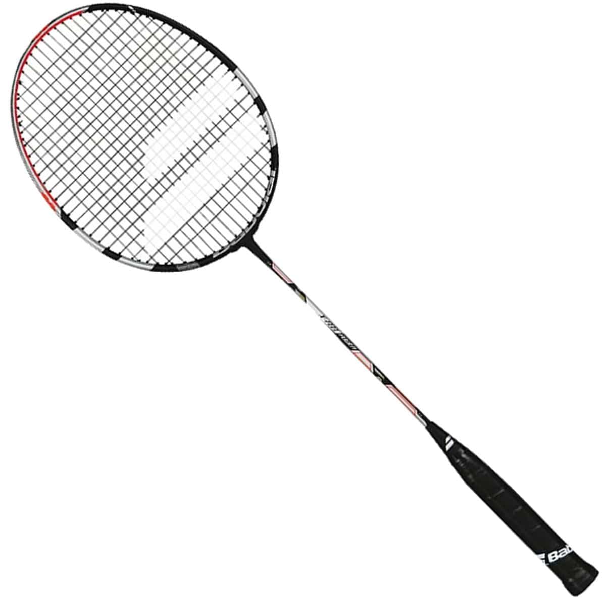 The Babolat X-Feel Power Badminton Racket - Grey features a black grip and a frame adorned with elegant black, red, and white accents. Engineered for precision and control, it includes grid-patterned strings covering the oval-shaped head, with a slender shaft that smoothly transitions into the grip.