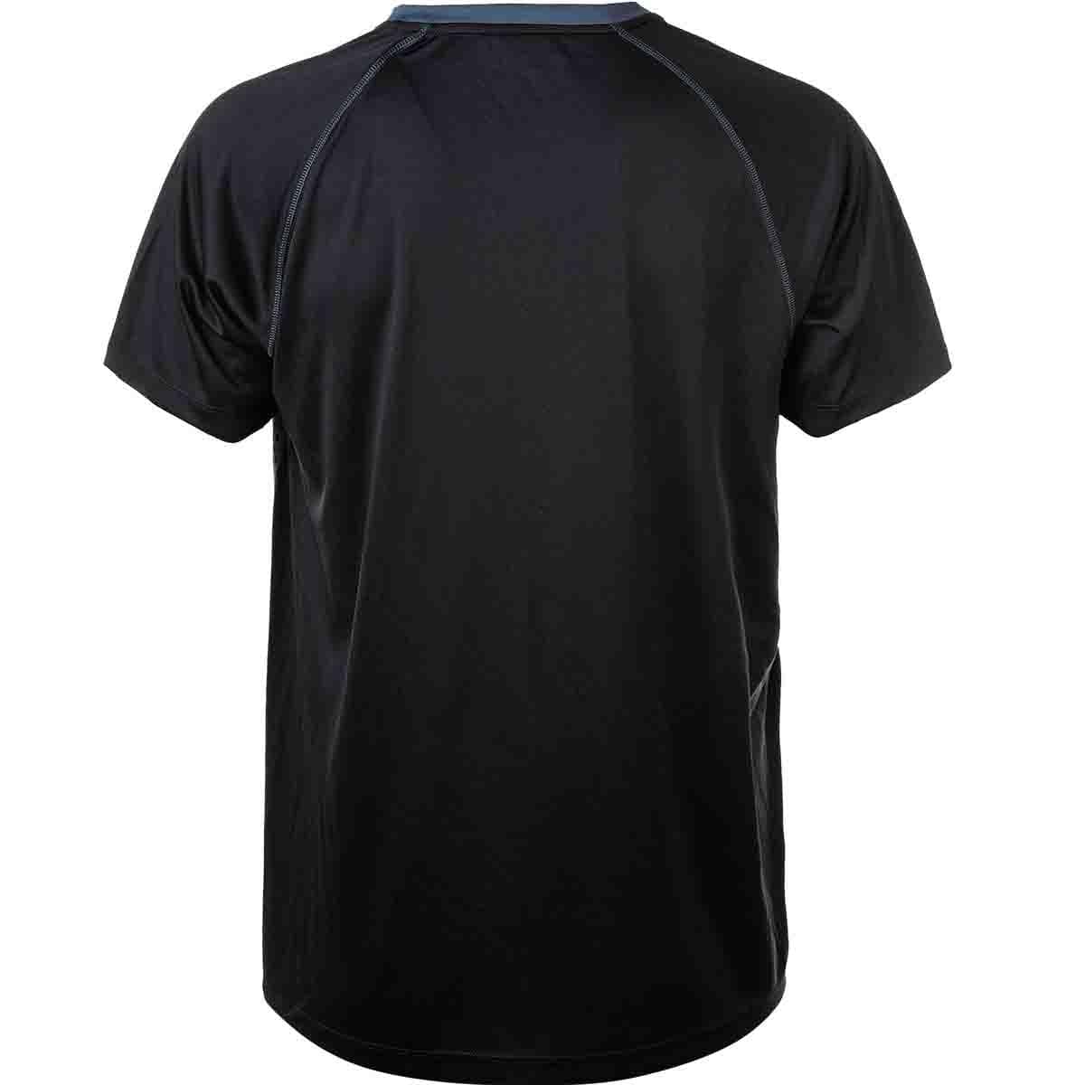 A steel grey short-sleeve badminton t-shirt with a round neckline, shown from the back. Crafted by FZ Forza, this shirt epitomizes Danish design elegance with subtle seam details along the shoulders and sides. Ideal for those looking to combine style and comfort in their everyday wardrobe.