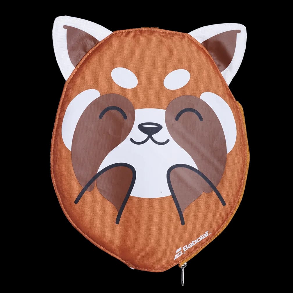 A red panda-themed badminton racket head cover from Babolat, featuring a cheerful, cartoon design. The brand name "Babolat" is prominently displayed in white at the bottom, providing both stylish flair and vital racket protection. Perfect as a Babolat badminton head cover against the solid black background.