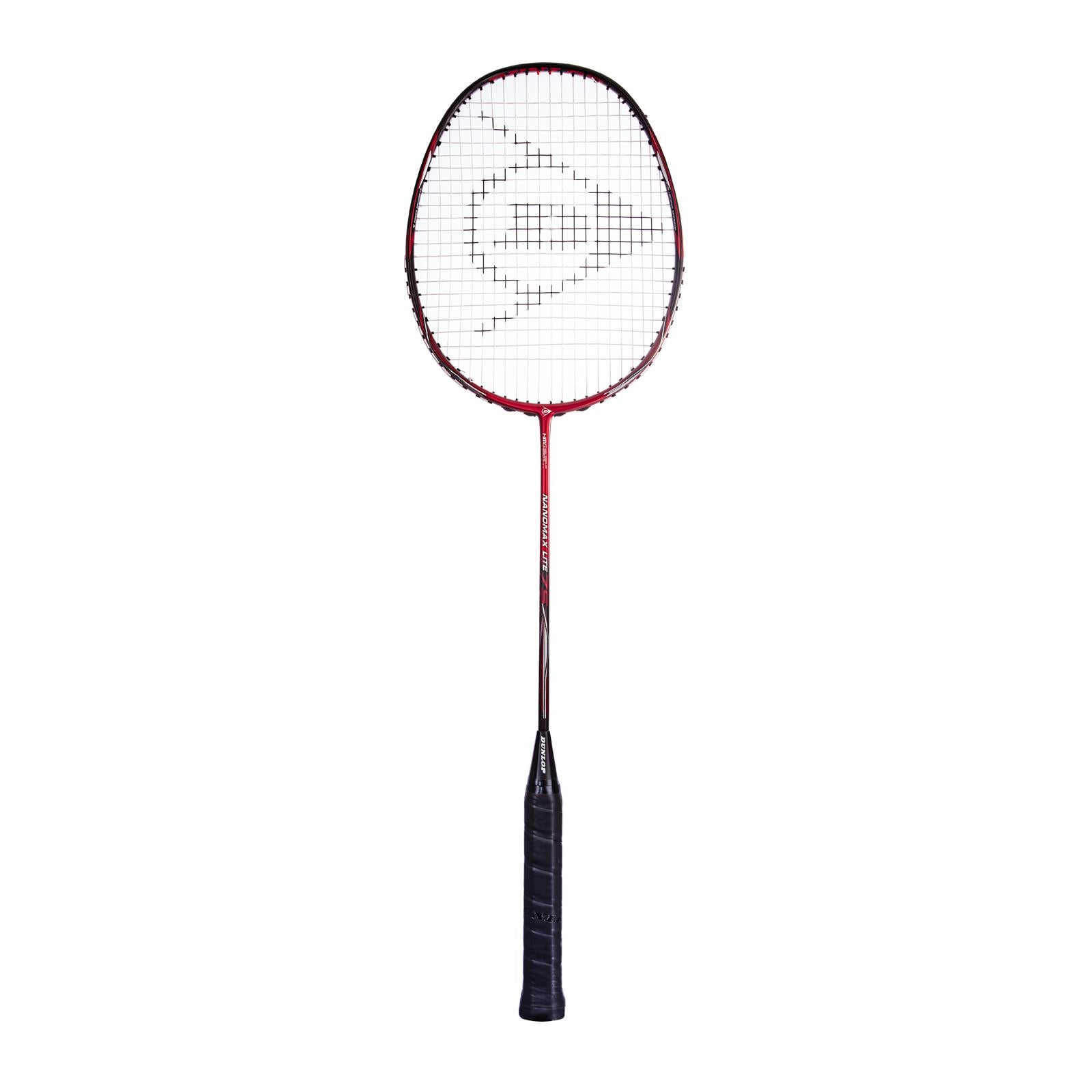 Presenting the Dunlop Nanomax Lite 75 Badminton Racket in red, an ideal choice for the intermediate player. This racket features a sleek design with a black handle and a geometric logo on its tightly woven strings, making it pop against a plain white background.