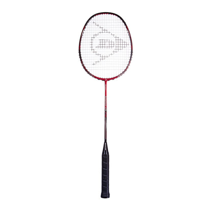 Presenting the Dunlop Nanomax Lite 75 Badminton Racket in red, an ideal choice for the intermediate player. This racket features a sleek design with a black handle and a geometric logo on its tightly woven strings, making it pop against a plain white background.