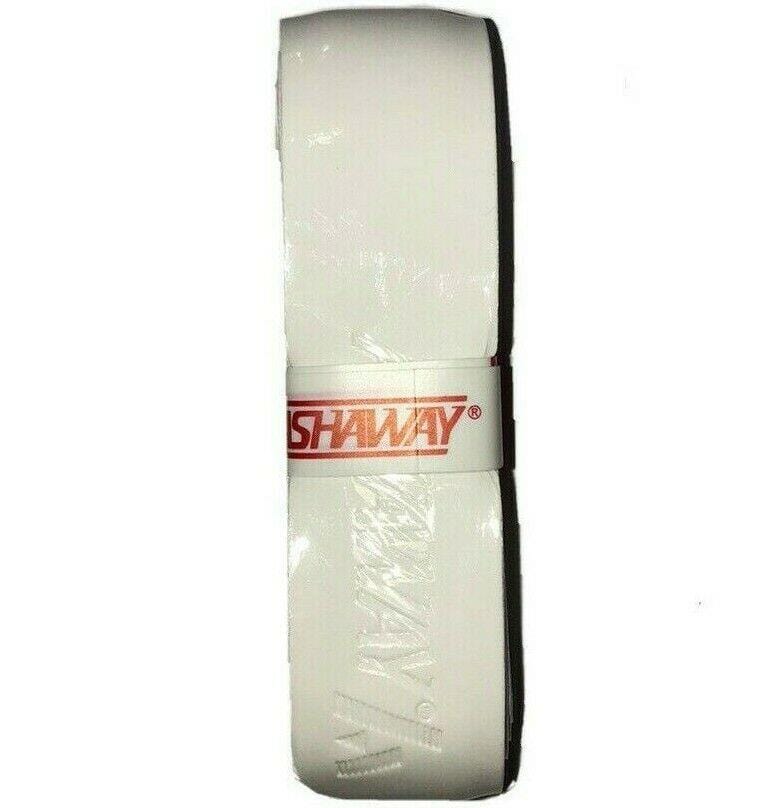 The Ashaway Super Grip Badminton Grip (single) in white features a tightly rolled design with red branding on a plain white background, offering a tacky PU surface that's ideal for improving your badminton grip.