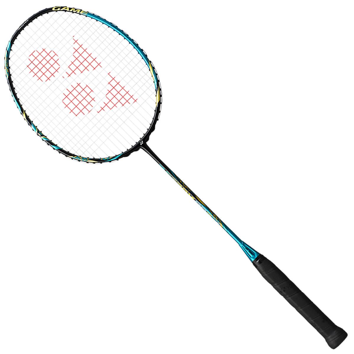 The Yonex Astrox 88S Game Badminton Racket in blue features an intricate string pattern with red accents. Its slim, lightweight frame is crafted with Volume Cut Resin, providing both speed and precision. The black grip tape ensures comfort while enhancing control and power.