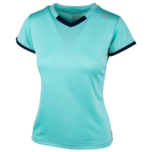 The Yonex YTL4 Women's Badminton T-Shirt in turquoise is a polyester athletic tee, ideal for sports or casual wear. It has dark trim on the V-neck and sleeve edges and features a small logo on the left shoulder.