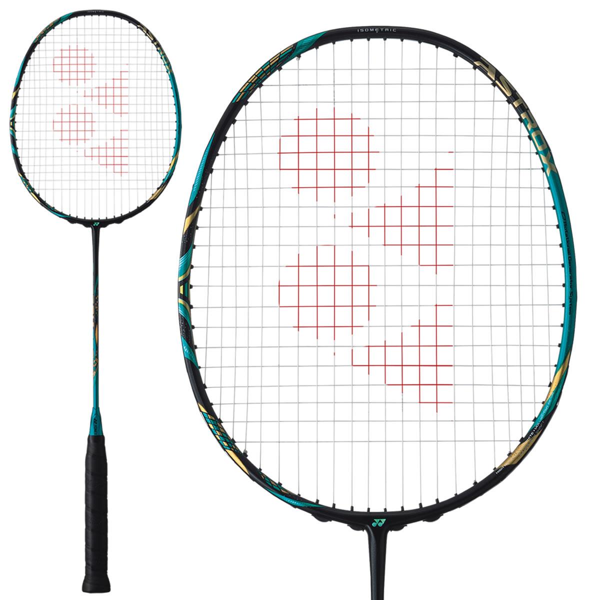 The Yonex Astrox 88S Play Badminton Racket, crafted from graphite and suited for beginners and intermediate players, boasts an emerald blue frame with strings featuring a red geometric pattern. The grip is black, with an enlarged detail emphasizing the head and string design.