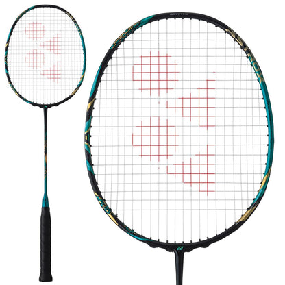 The Yonex Astrox 88S Play Badminton Racket, crafted from graphite and suited for beginners and intermediate players, boasts an emerald blue frame with strings featuring a red geometric pattern. The grip is black, with an enlarged detail emphasizing the head and string design.