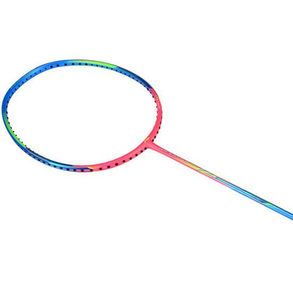 The Li-Ning Windstorm 72S Badminton Racket - Blue Pink is a vibrant and lightweight piece of equipment featuring a frame and strings in pink, blue, and green hues. Its elongated handle displays a gradient of matching colors. The racket has a head-heavy balance and is positioned slightly to the left against a pristine white backdrop.