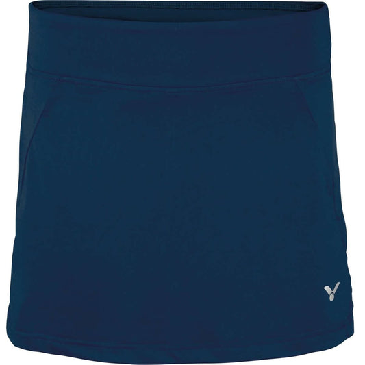 Introducing the Victor Badminton Skirt Skort 4188 Blue by Victor: a dark blue sport skirt designed with an elastic fit and breathable fabric. It features a small logo near the bottom hem, offering a smooth, streamlined appearance highlighted by subtle stitching.