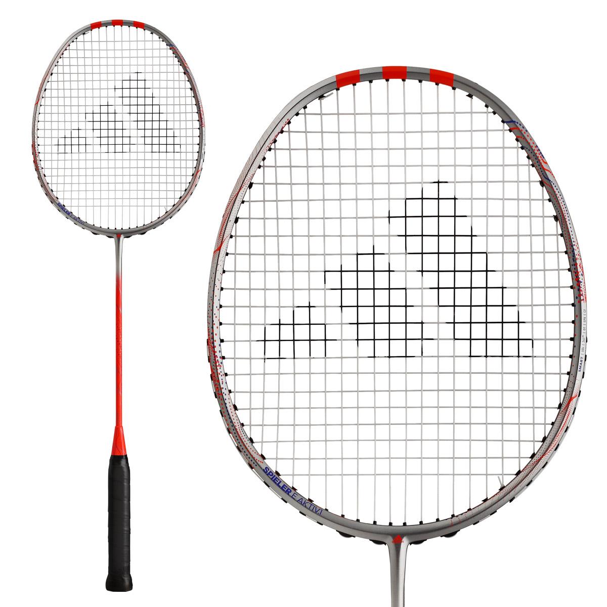 The Adidas Spieler E-Aktiv 1 4U SS Badminton Racket, an all-round racket, features a red and black handle with a white stringed head showcasing a geometric logo. Its main image emphasizes the complete design, while an enlarged view of the headlight balance is shown alongside it.