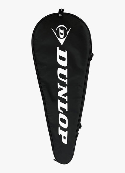 A black Dunlop racket cover featuring white text with the Dunlop logo and brand name is designed for the Dunlop Nanomax Lite 75. This cover, suitable for a single badminton racket, includes a zipper closure and offers sleek protection, making it ideal for an intermediate player.