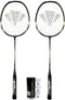 The image features the Carlton Solar 2 Player Badminton Set - Black by Carlton, including two rackets with black grips and geometric patterns on the strings. Alongside them is a tube of shuttlecocks, with three visible next to it. This beginner badminton set is perfect for those starting out and promises great fun on the court.