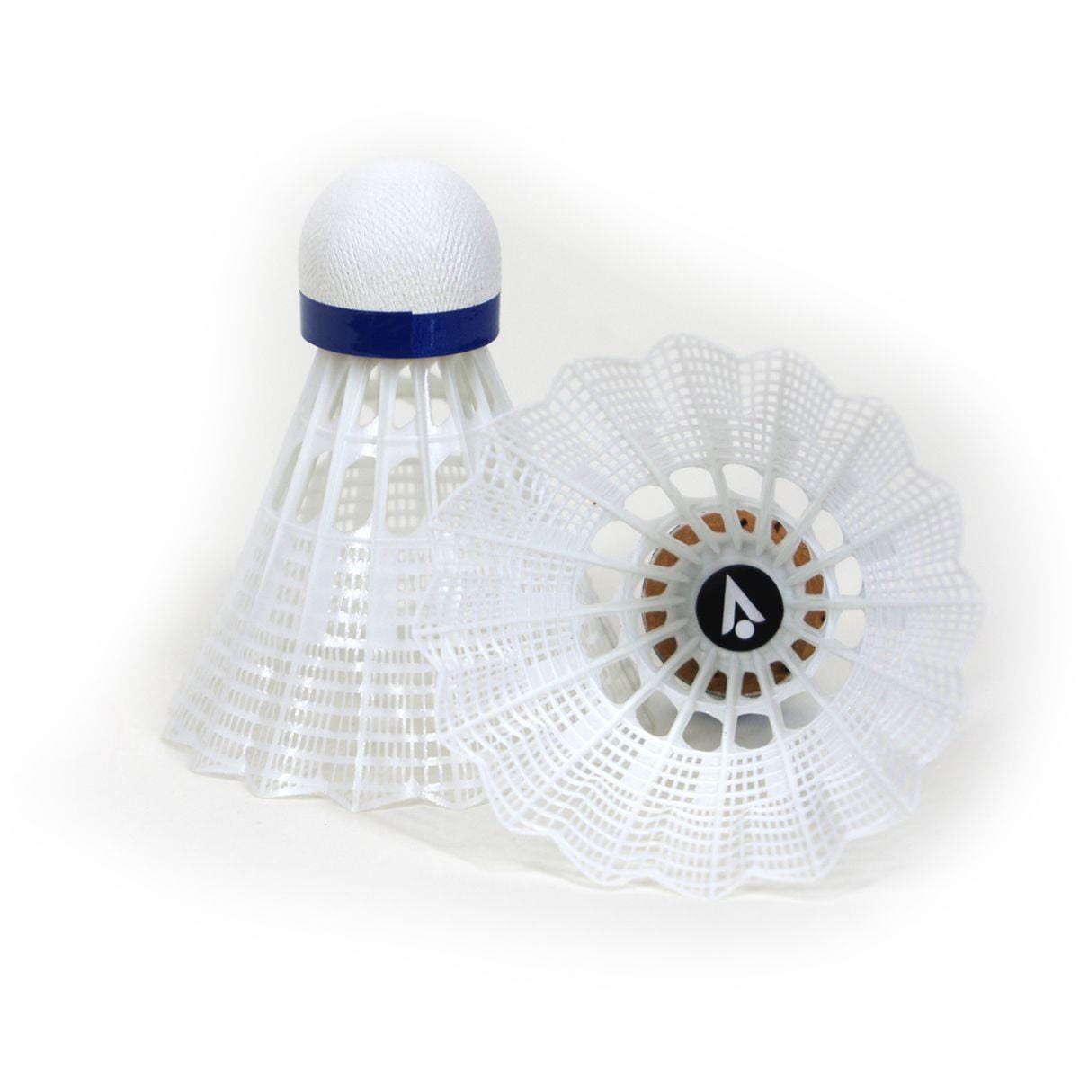 The image features two Karakal National Natural Nylon Shuttlecocks from a set of six. One shuttlecock is positioned upright while the other rests on its side. The upright shuttlecock showcases a blue band near the top, and both have a lattice design on the skirt along with a natural cork base, making them perfect for training and casual play.