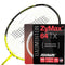 A yellow and black badminton racket equipped with Ashaway Zymax 64 TX Badminton String features a white string in a 0.64mm thickness and comes in a 10m packet. The packaging details the string's textured coating, tension maintenance, BETA polymer fibers, and highlights the advanced ZyWeave technology designed for optimal performance.