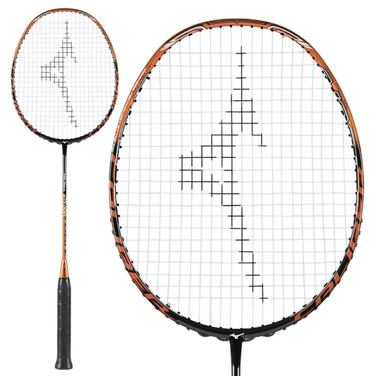 The Mizuno Caliber S Tour Badminton Racket, featuring a striking black and orange design, is perfect for intermediate players. Its unique logo on the strings and aerodynamic frame, paired with a black grip, enhance powerful doubles play, making it a top choice on the court.