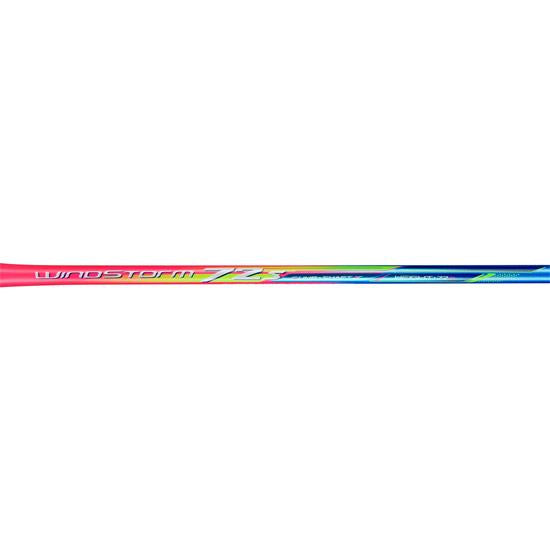 Close-up of a vibrant Li-Ning Windstorm 72S badminton racket shaft featuring a gradient design in pink, blue, and yellow hues. The word "Windstorm" is visible on the lightweight shaft, perfect for players who prefer a head heavy balance. The background is plain white.