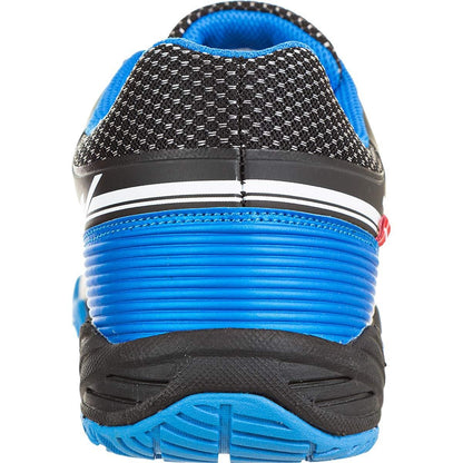 Rear view of the FZ Forza Brace Men's Badminton Shoes in black and blue, showcasing a textured sole and mesh upper designed for badminton. The heel has a thick, ribbed structure for shock absorption, featuring a blend of colors with a subtle red accent.