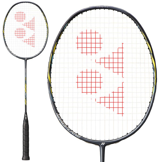 The Yonex Nanoflare 800 LT Badminton Racket in black is crafted for advanced players, showcasing red markings on the strings and a black grip. Known for delivering rapid speed attacks, this racket highlights a precise string pattern that boosts performance.