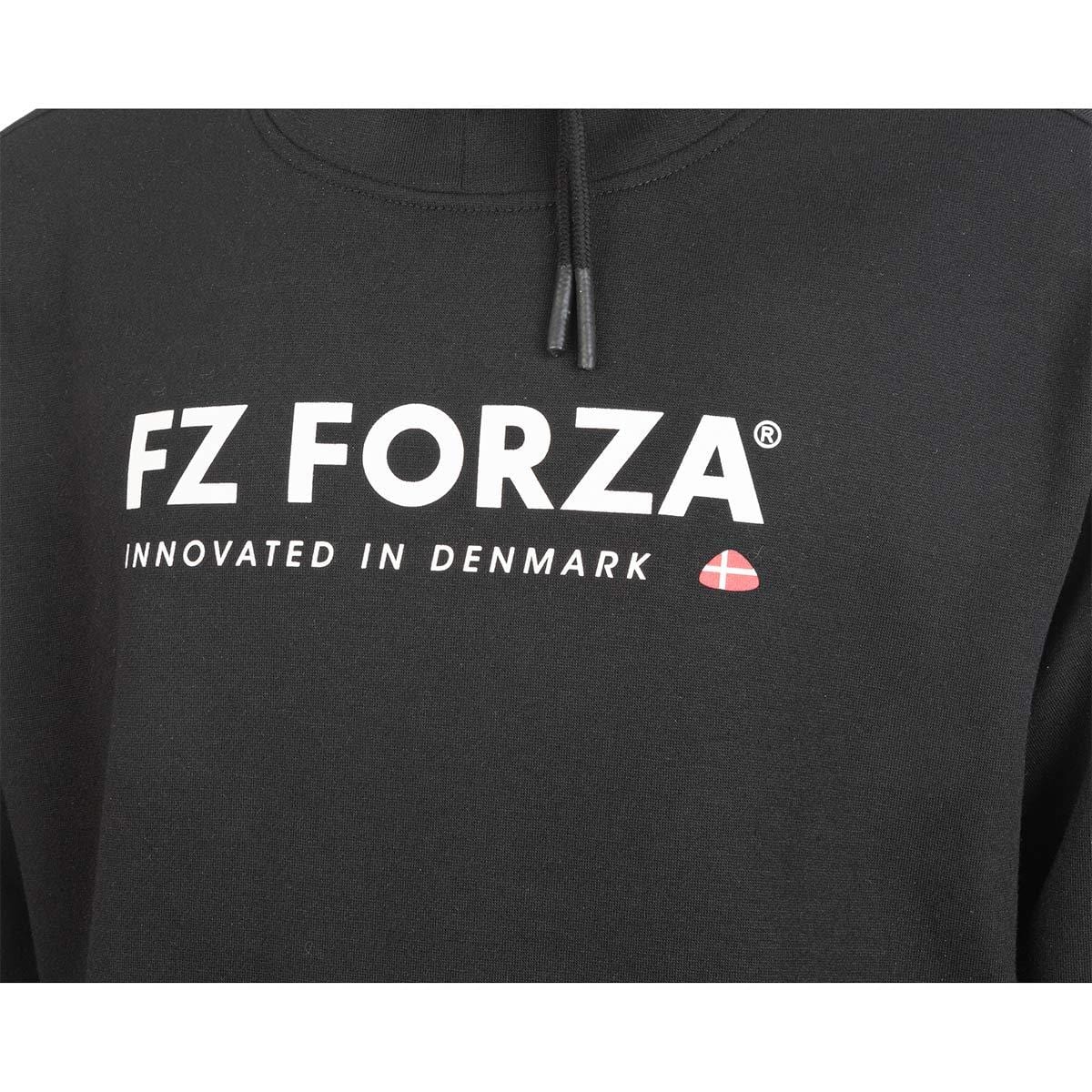 Close-up of the black FZ Forza Boudan Badminton Hoodie, showcasing "FZ FORZA" and "INNOVATED IN DENMARK" in white, accompanied by a small Danish flag icon. Ideal for both on-court and off-court activities.