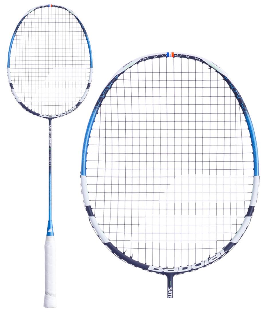 Explore two perspectives of the Babolat Satelite Gravity 78 Badminton Racket in its striking blue and black frame. Equipped with specialist strings and a handle wrapped in pristine white grip tape, the main image offers a side view, while an inset highlights the racket's head featuring SLIM T technology from a straight-on angle.