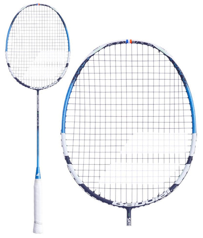 Explore two perspectives of the Babolat Satelite Gravity 78 Badminton Racket in its striking blue and black frame. Equipped with specialist strings and a handle wrapped in pristine white grip tape, the main image offers a side view, while an inset highlights the racket's head featuring SLIM T technology from a straight-on angle.