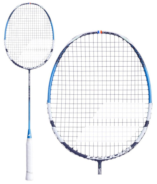 Explore two perspectives of the Babolat Satelite Gravity 78 Badminton Racket in its striking blue and black frame. Equipped with specialist strings and a handle wrapped in pristine white grip tape, the main image offers a side view, while an inset highlights the racket's head featuring SLIM T technology from a straight-on angle.