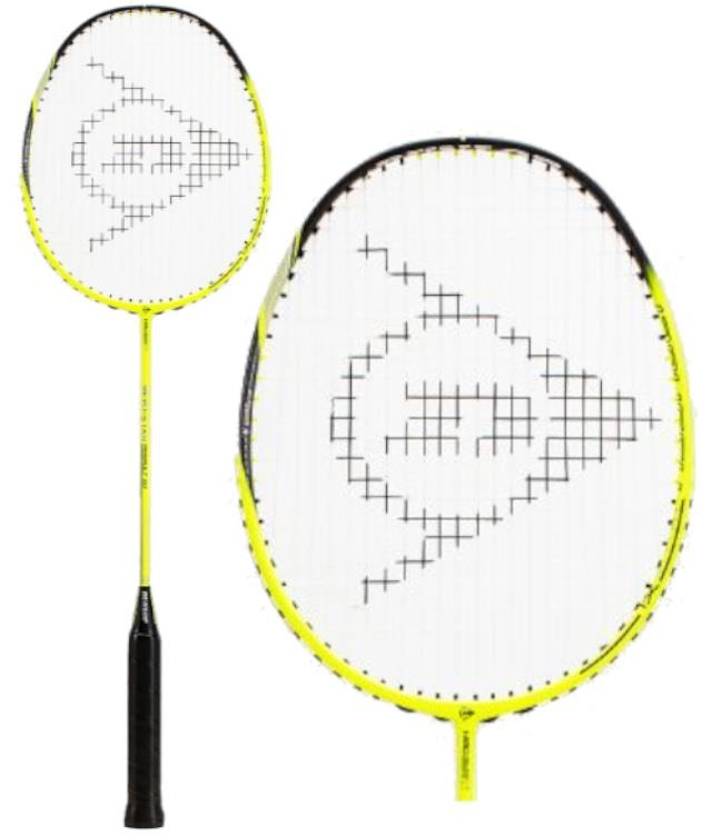 The Dunlop Revo Star Assault 82 badminton racket in yellow and black, constructed from High Modulus Graphite, features a unique logo on its strings. It is stylishly presented from both an angled perspective and a front-facing view.