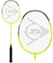 The Dunlop Revo Star Assault 82 badminton racket in yellow and black, constructed from High Modulus Graphite, features a unique logo on its strings. It is stylishly presented from both an angled perspective and a front-facing view.