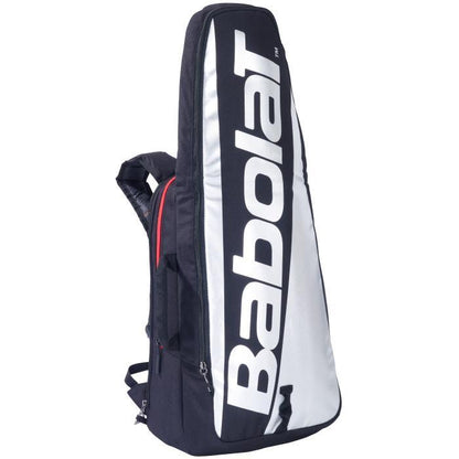 Introducing the Babolat Tournament Badminton Bag - Satellite Black Silver, perfect for carrying badminton or tennis rackets. This stylish black and silver bag prominently features the "Babolat" brand name and includes a zippered compartment along with adjustable shoulder straps for easy transport.